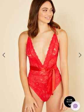 Cosabella Red Lace Plunge Teddy with Satin Waist Tie